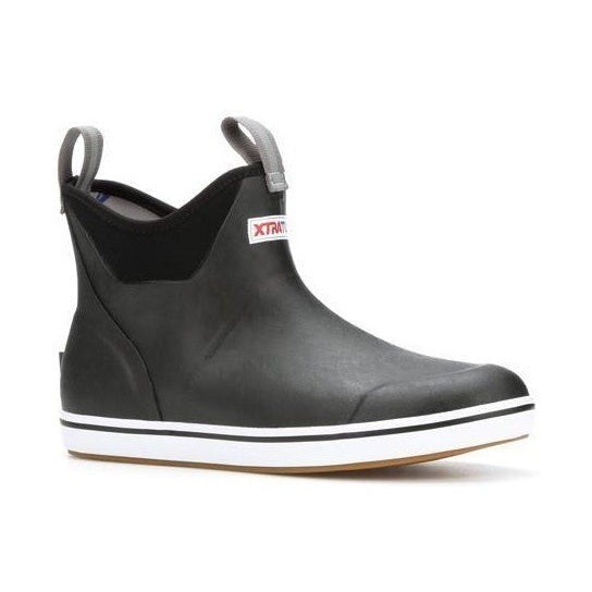Women's Xtratuf black ankle deck boot with white sole and red logo.