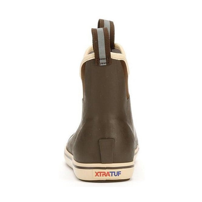 Women's Xtratuf Ankle Deck Boot in brown, featuring a slip-on design and a white sole with red branding.