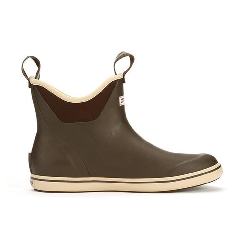 Women's Xtratuf Ankle Deck Boot in brown, featuring a slip-resistant sole and pull tabs.