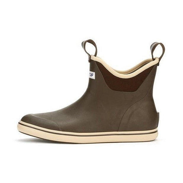 Women's Xtratuf Ankle Deck Boot in brown rubber with a light sole and pull tabs.