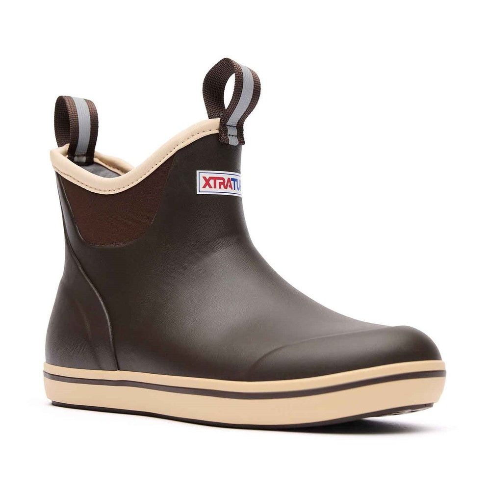 Women's Xtratuf Ankle Deck Boot in brown, featuring a durable rubber upper, tan trim, and pull tabs.