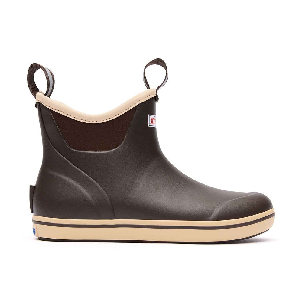 Women's Xtratuf Ankle Deck Boot in brown with beige trim, slip-on style, and pull loops.