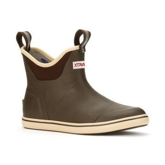 Women's Xtratuf Ankle Deck Boot in brown, featuring a slip-on design and light-colored sole.