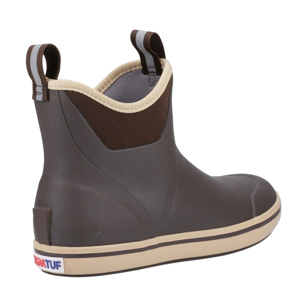 Xtratuf Ankle Deck Boot in chocolate brown with tan trim, slip-on style, and pull tabs.