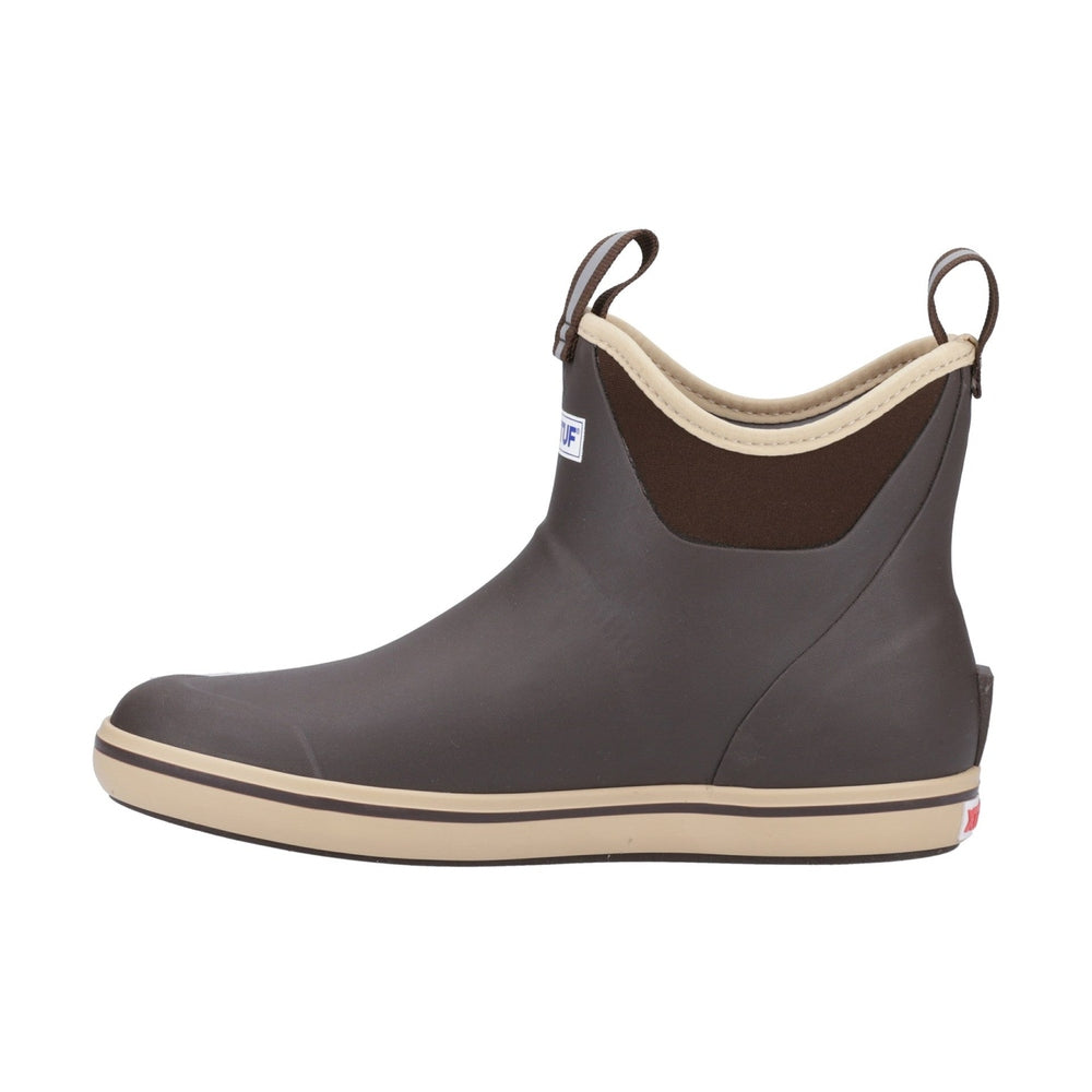 Xtratuf Ankle Deck Boot in chocolate brown with tan trim, slip-resistant sole, and pull tabs.