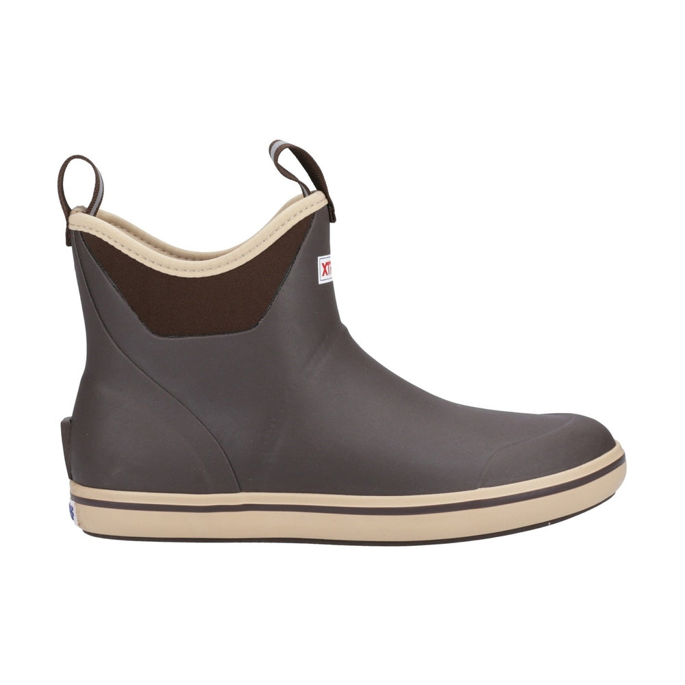 Xtratuf Ankle Deck Boot in chocolate brown with tan trim, slip-on style, and a durable rubber upper.