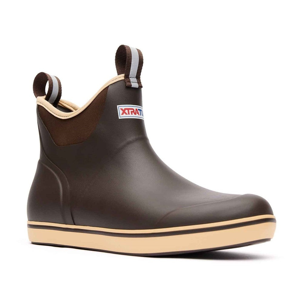 Xtratuf Ankle Deck Boot in chocolate brown with a tan sole, pull tabs, and red Xtratuf logo.
