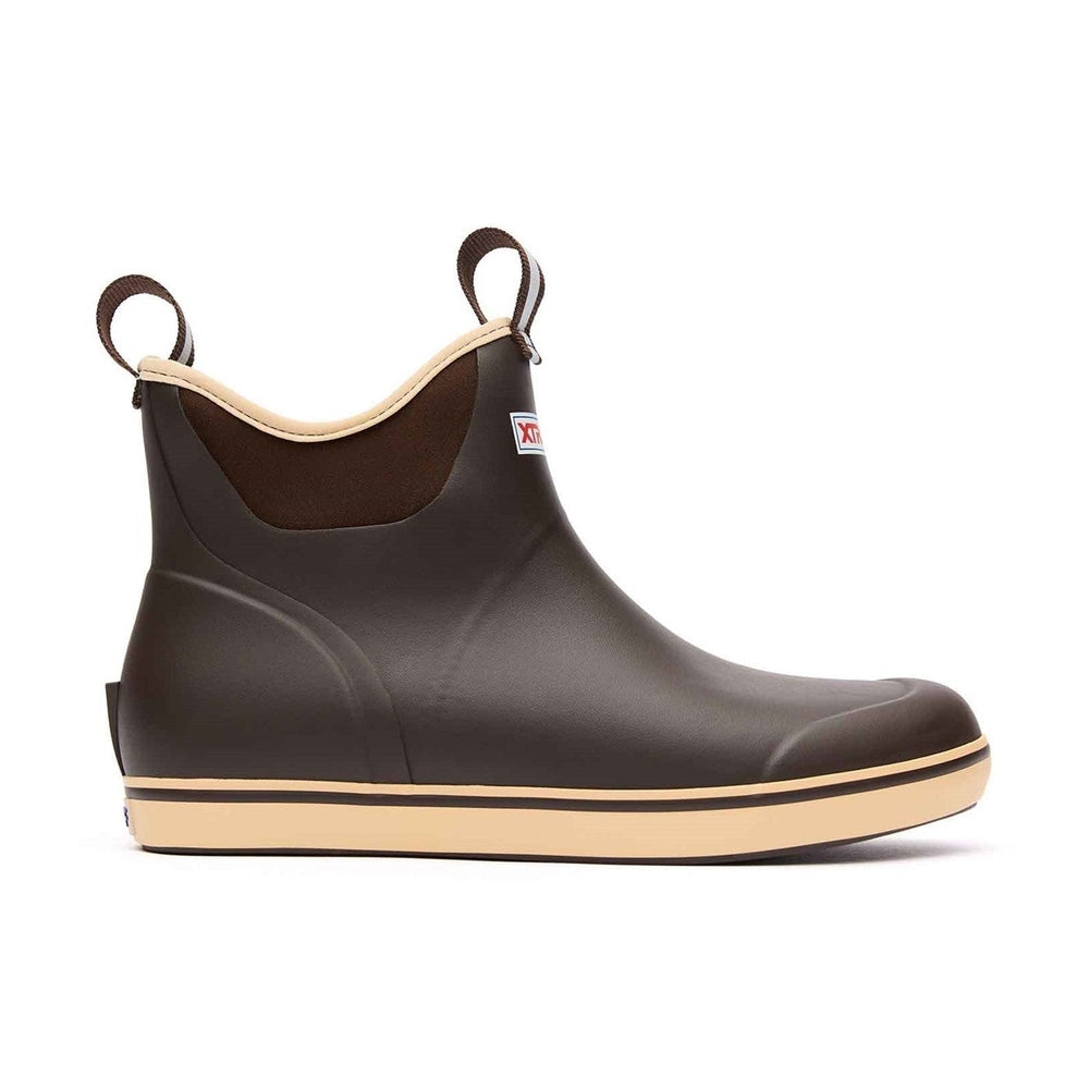 Xtratuf Ankle Deck Boot in chocolate brown with tan trim, slip-resistant sole, and pull tabs.