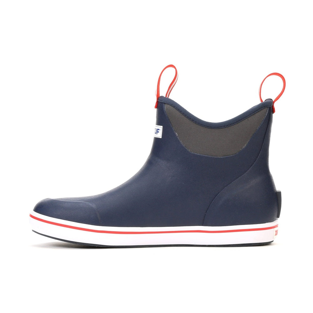 Navy Xtratuf Ankle Deck Boot with red pull tabs, white sole, and red stripe.