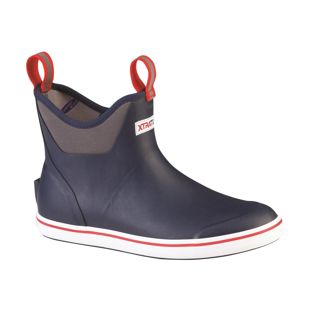 Navy Xtratuf Ankle Deck Boot with red pull tabs, grey collar, and white sole with red stripe.