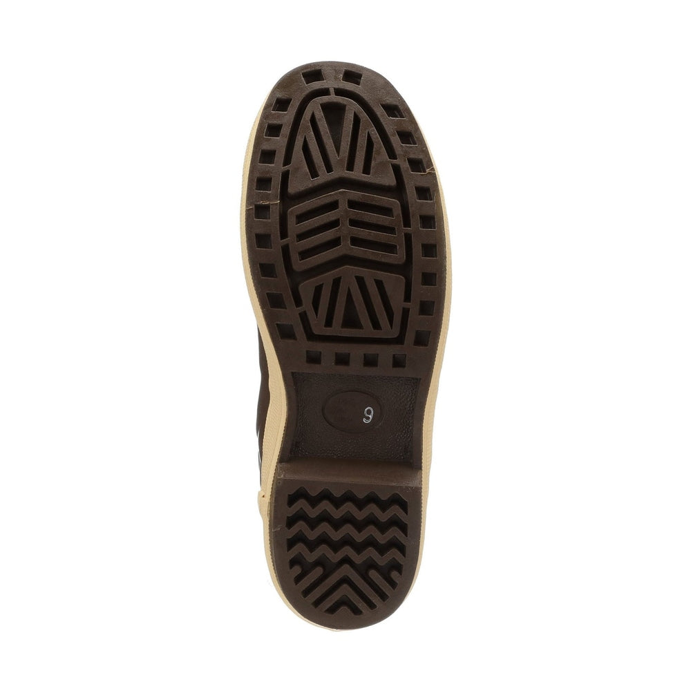 Bottom view of a brown Xtratuf Legacy 15" Plain Toe Boot sole, size 9, with deep traction patterns.