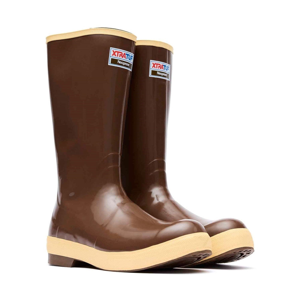 Pair of Xtratuf Legacy 15" plain toe boots in glossy copper-brown with tan soles and trim.