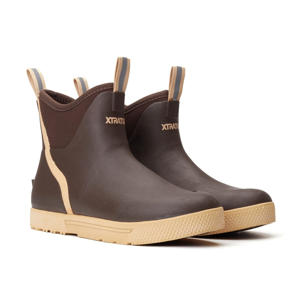 Pair of brown Xtratuf Wheelhouse Deck Boots with tan soles and pull tabs.