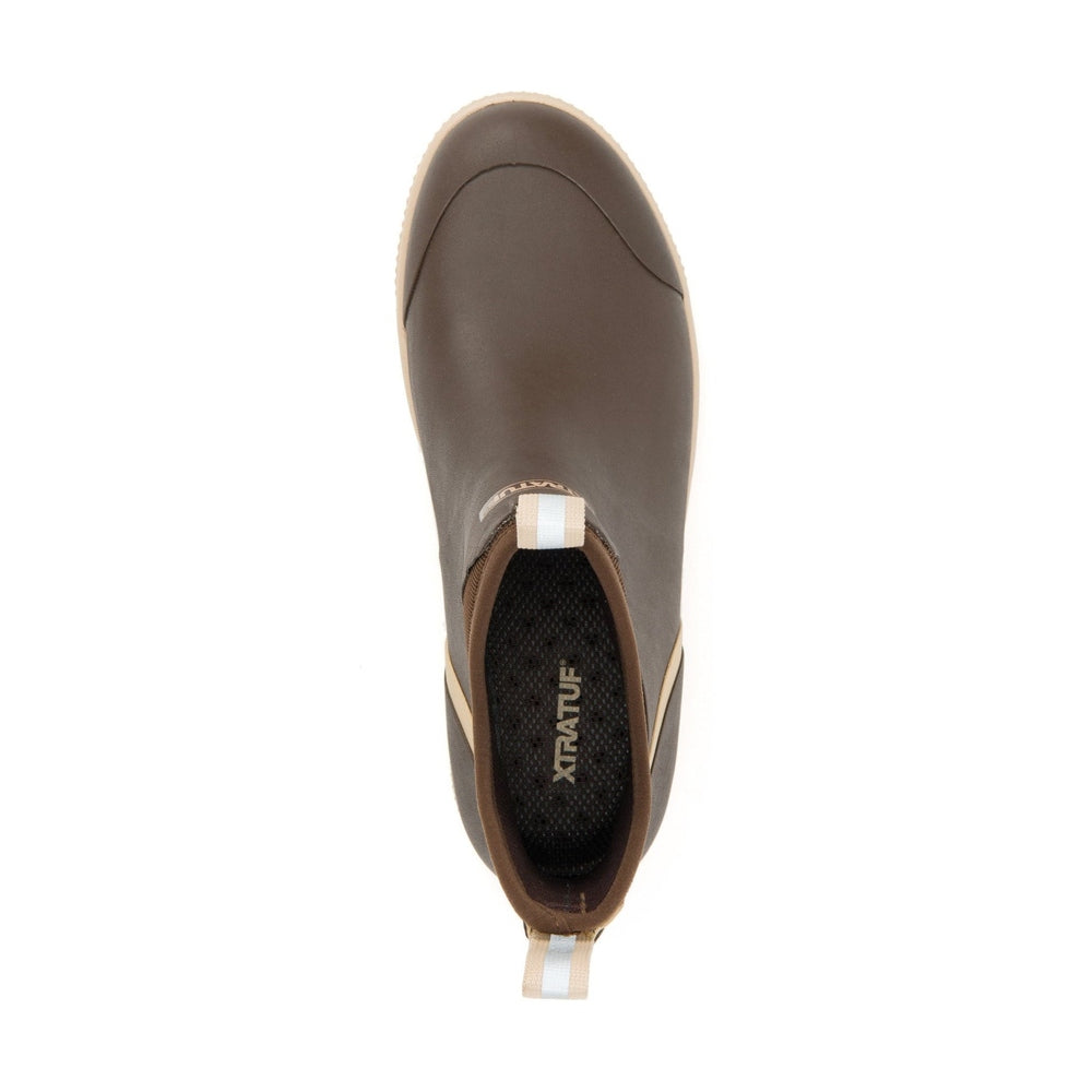 Xtratuf Wheelhouse Deck Boot in brown, top-down view, with a tan sole and striped pull tab.