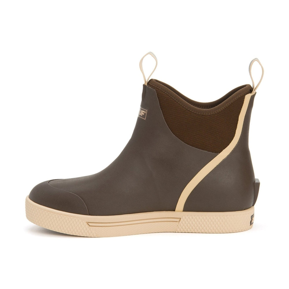 Brown Xtratuf Wheelhouse Deck Boot with a wide fit, tan sole, and pull tabs.